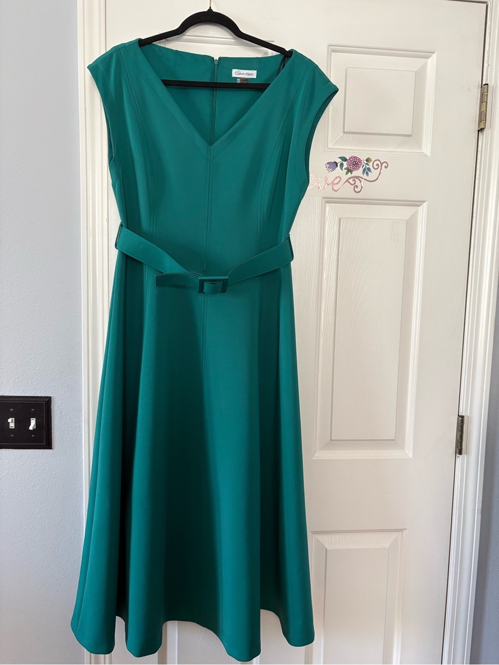Calvin Klein Teal V-Neck Belted Fit-and-Flare Dress Calf Length Size 12